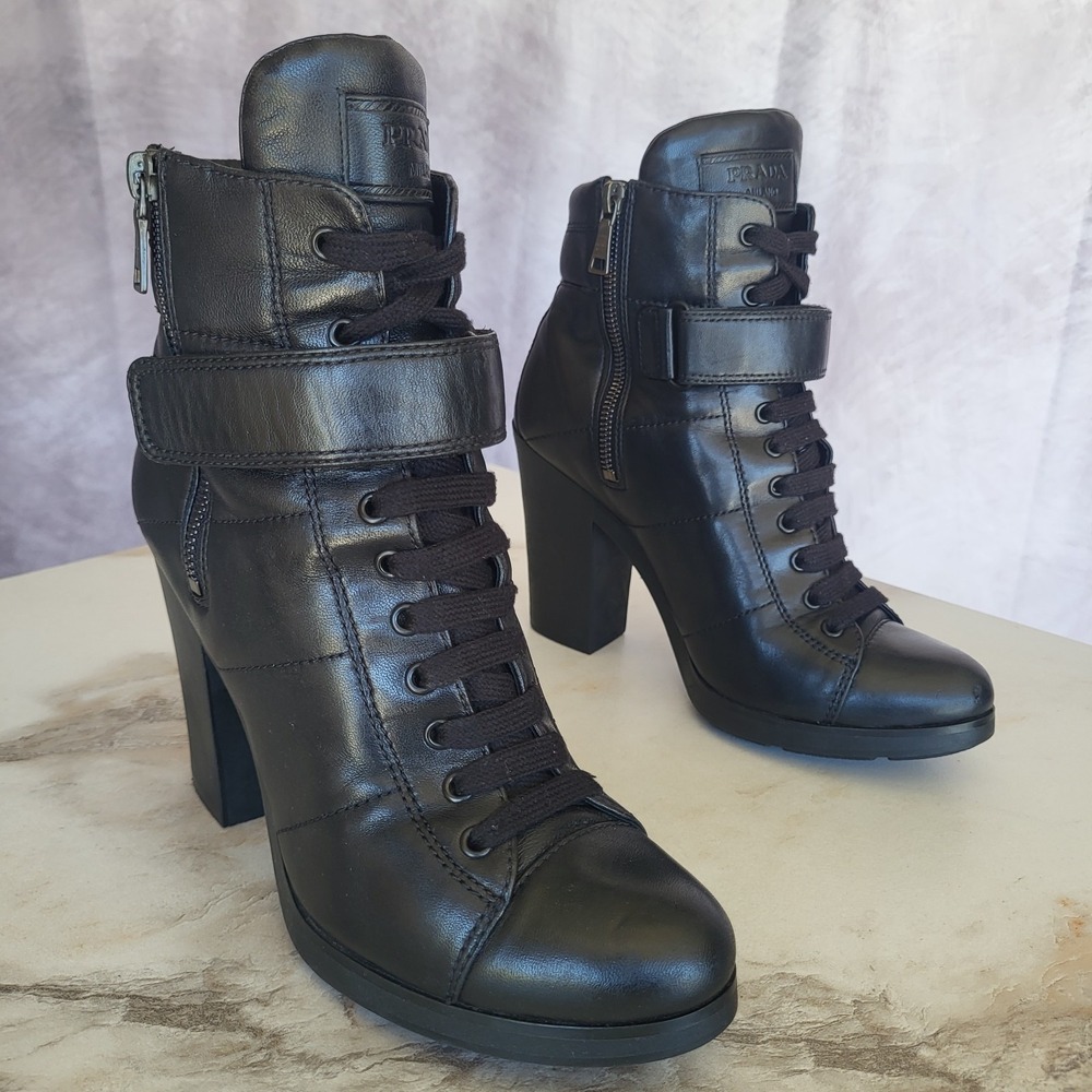 Prada Chunky Biker Boots Black Size 40 High Heel Ankle